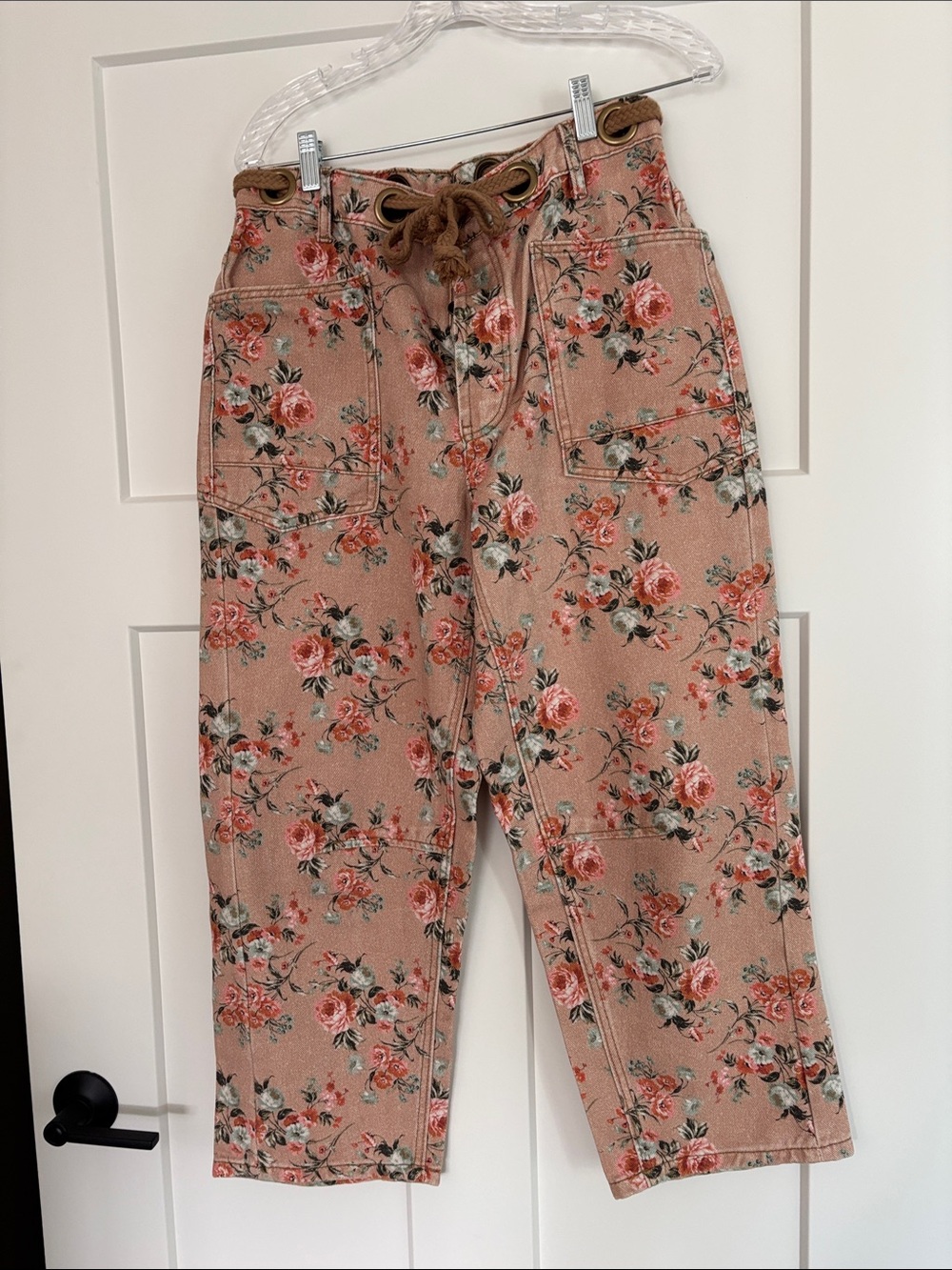 böhme Floral Belted Waist Barrel Jeans — Dusty Rose & Coral Accents